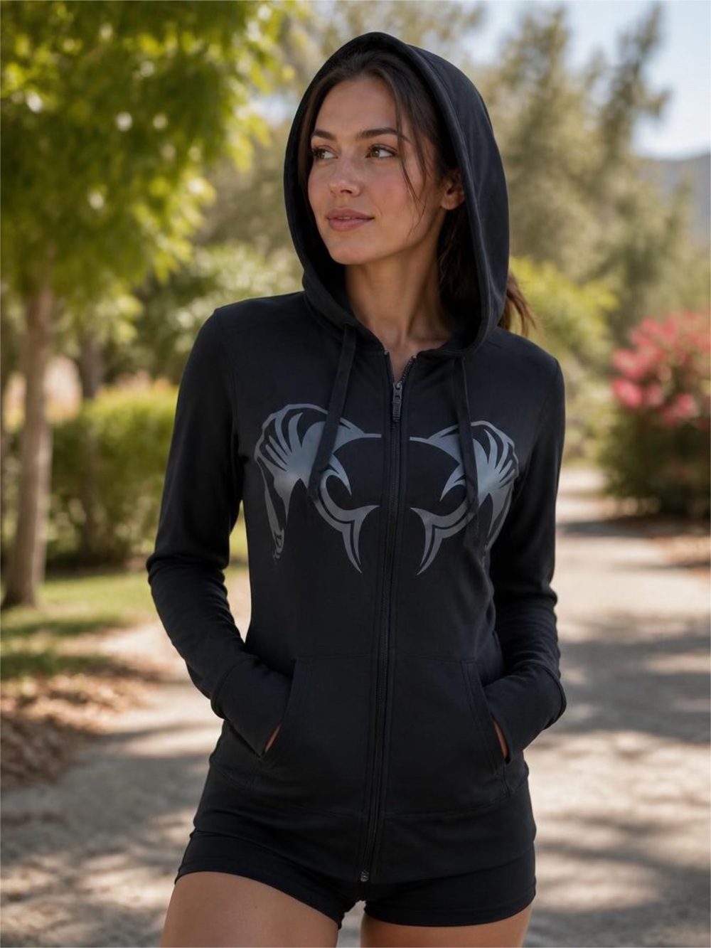 KUIU Black Zip-Up Hoodie with Gray Ram Horn Graphic Sz S Jersey Fabric